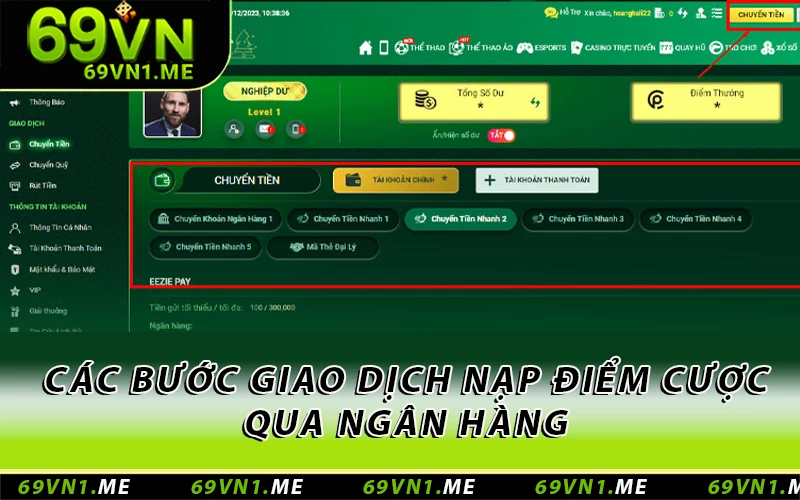 Các bước giao dịch nạp điểm cược qua ngân hàng