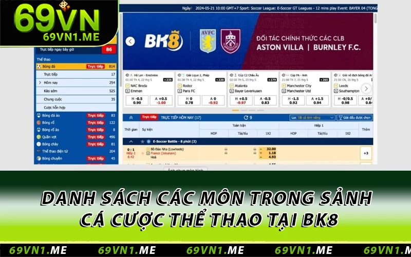 Danh sách các môn trong sảnh cá cược thể thao tại BK8
